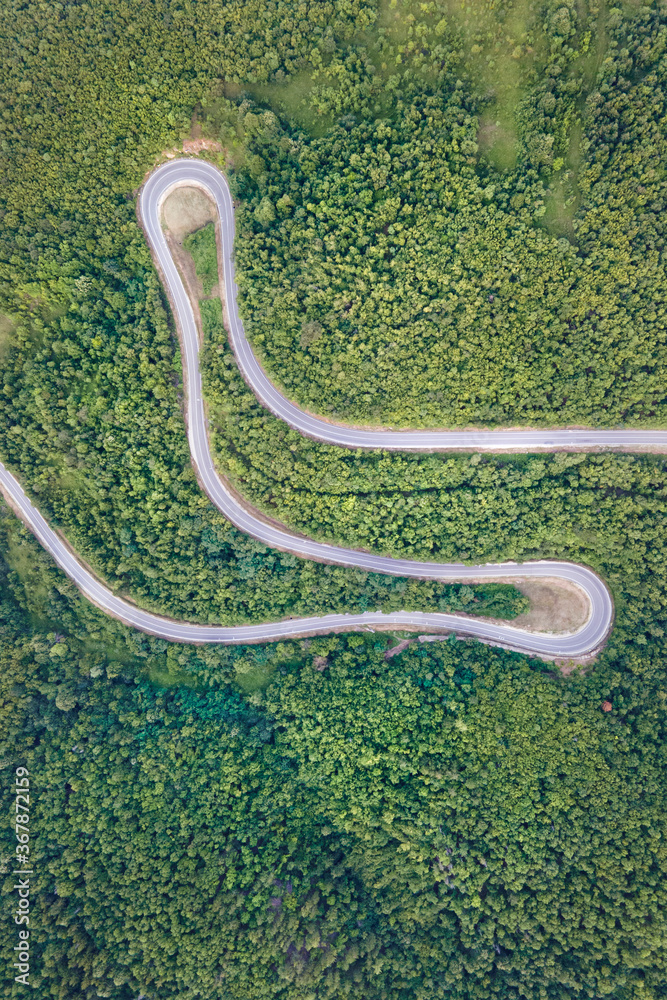 Aerial top down view drone image of curvy mountain road asphalt with serpentine trough trees green forest in day summer taken in Serbia Tresibaba Knjazevac Balkans - nature travel concept