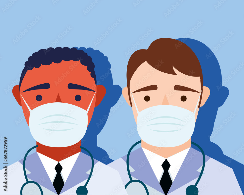 young male doctors staff wearing medical masks characters