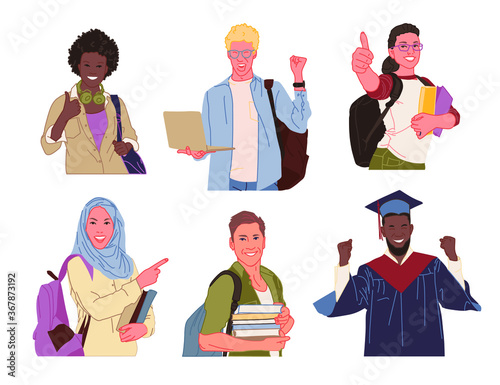 Group of university or college students in debate. Flat vector illustration on society with diverse multiracial men and women having a conversation. Talking characters set