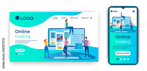 Web store.Online trading.People make purchases in an online store.The concept of digital Commerce.Landing page template is an adaptation for a smartphone.Flat vector illustration.