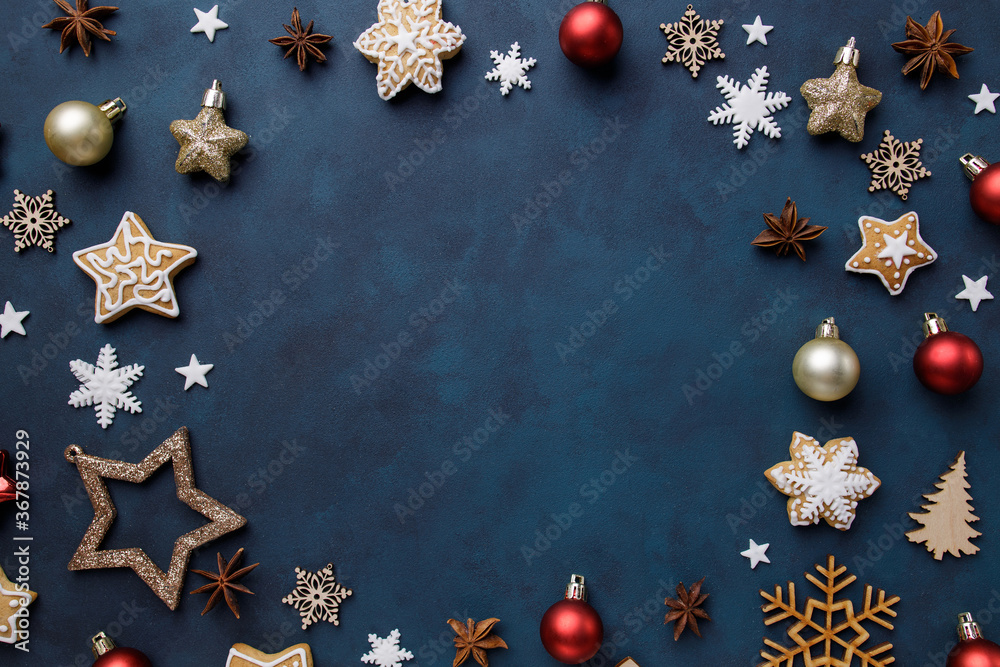 Christmas background, celebration, New Year's eve party concept. Beautiful embellishments, homemade gingerbread cookies and decorations, template with copy space