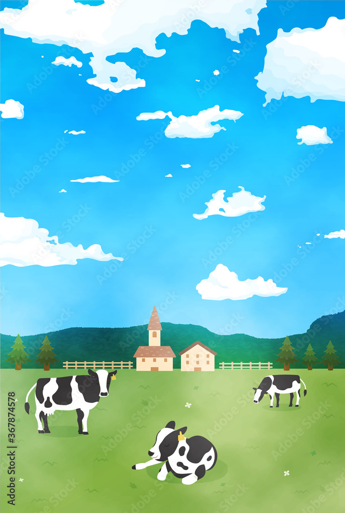Fototapeta premium 牧場と牛の水彩風景イラスト