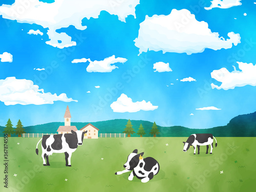 牧場と牛の水彩風景イラスト