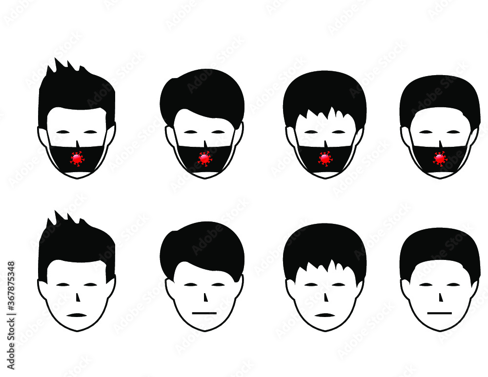 several human heads wearing virus masks, bacteria, sick several human heads wearing virus masks, bacteria, sick