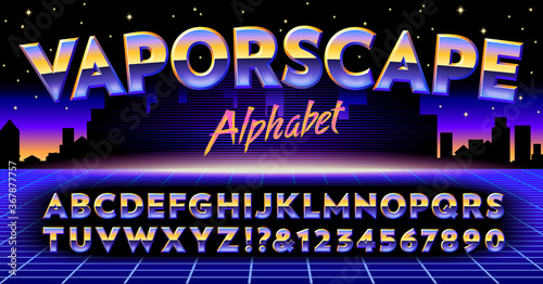 A Vaporwave Vintage-Style Chrome Reflective Alphabet on a Cityscape Background in a Retro 1980s or Early 1990s Style.