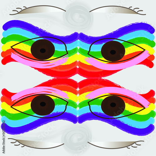 Hand drawn  abstract symmetrical seamless pattern featuring wide open brown eyes and pink eyelids overlaying colors of rainbow to raise awareness for concepts such as LGBTQ pride and racial injustice.
