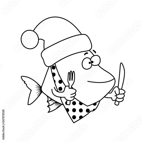 Coloring of Fish Holds a Knife and Fork and Wears a Santa Hat Cartoon  Cute Funny Character  Flat Design