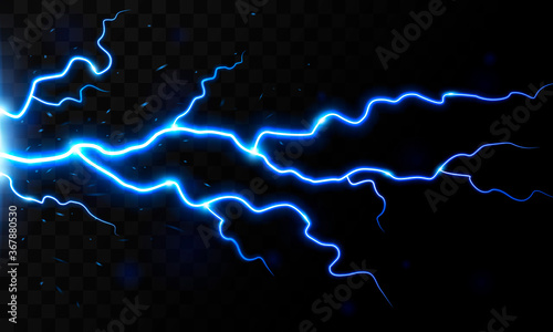 Isolated realistic lightning on dark background. Electric charge. Vector natural light effect