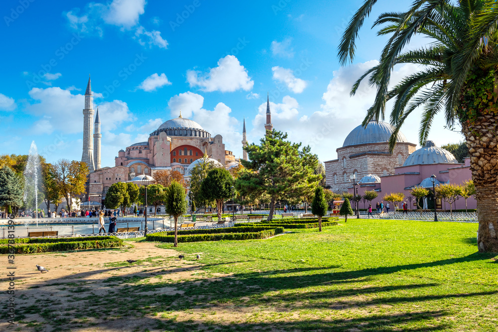 Sultanahmet Square and the Hagia Sophia museum mosque in Istanbul, Turkey.