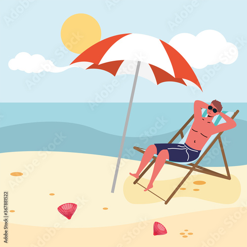 man wearing swimsuit seated in beach chair