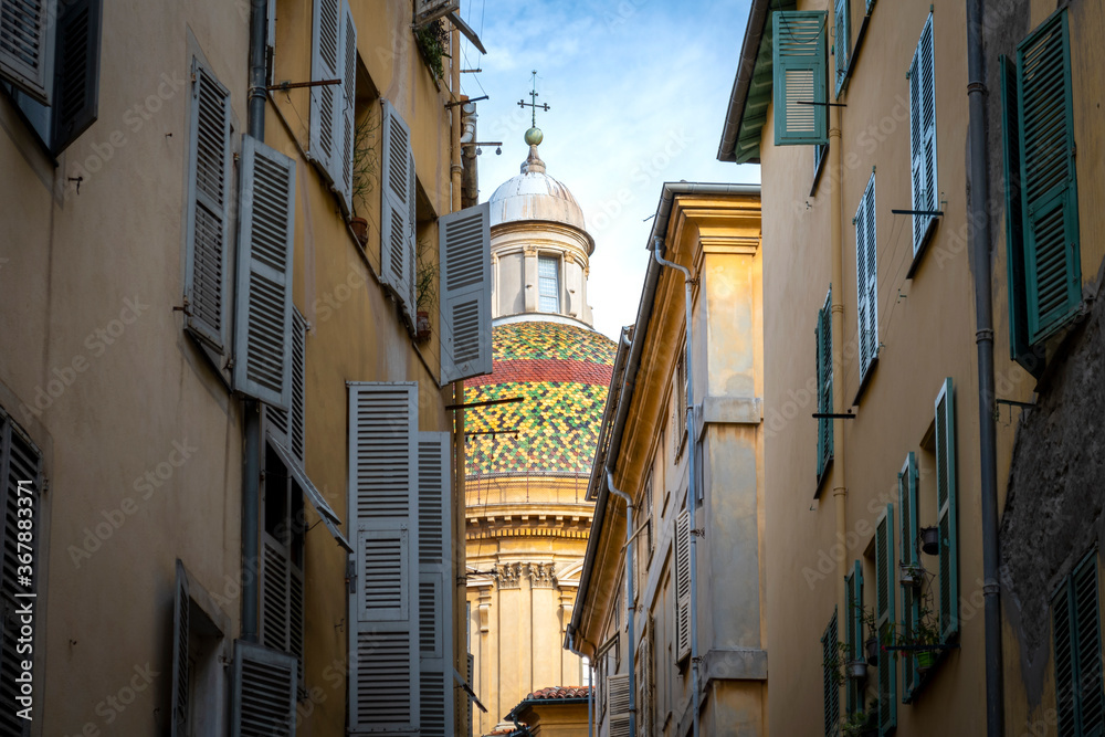 The dome and cupola of Sainte Reparate or Nice Cathedral on Place Rossetti in the old town Vieux City on the French Riviera in  Nice, France.