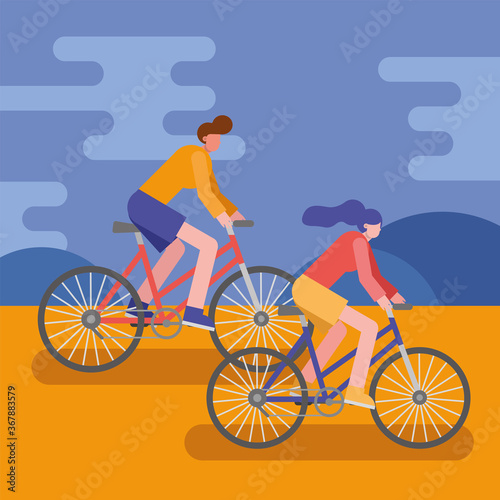 young couple bikes ride sport characters