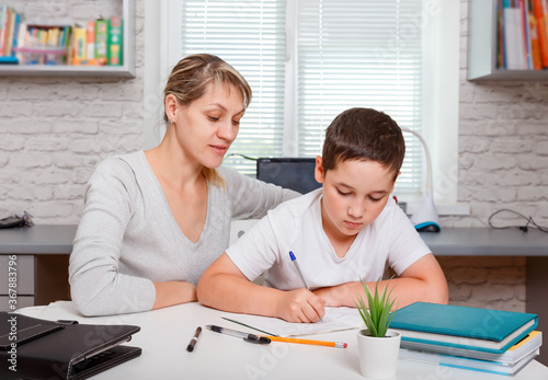 Mother helps son to do lessons. The tutor is engaged with the child