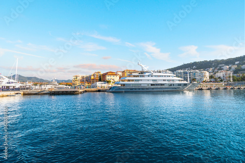 A large luxury yacth at the old harbor of Port Lympia in the city of Nice France, on the Mediterranean Sea at the French Riviera.