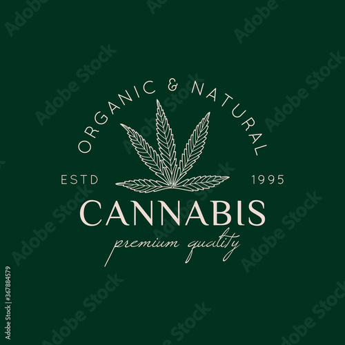 Logo Marijuana Leaf in a trendy minimal linear style. Badge of Medical Cannabis Leaf. Vector icon of Hemp