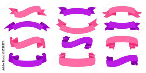 Ribbon blank vintage collection. Tape flat set decorative icons. Colored design ribbons sign cartoon style. Web icon kit of text banner tapes, greeting cards, invitations. Isolated vector illustration