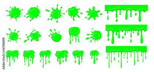 Slime drip blob, splatters set. Collection green dirt splat, goo dripping splodges of slime splatter. Halloween shapes liquids. Bright green stain cartoon flat mucus. Isolated vector illustration