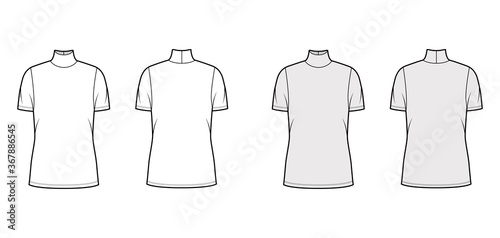 Turtleneck jersey sweater technical fashion illustration with short sleeves, oversized body tunic length. Flat outwear apparel template front back white grey color. Women men unisex shirt top mockup