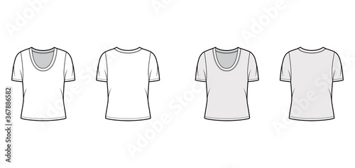 Scoop neck jersey t-shirt technical fashion illustration with short sleeves, oversized body. Flat apparel template front, back, white, grey color. Women, men unisex outfit top CAD mockup