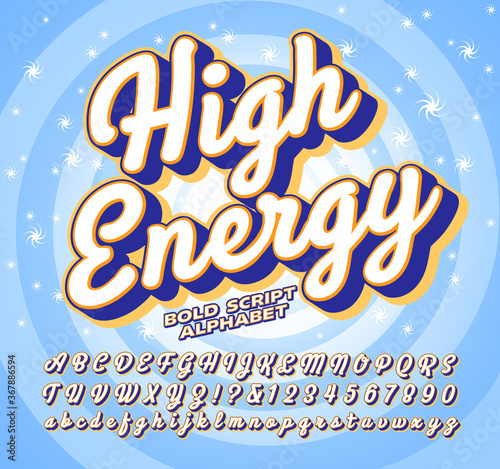 Bold Script Vector Alphabet; High Energy Font with Sparkly Spiral Background Image