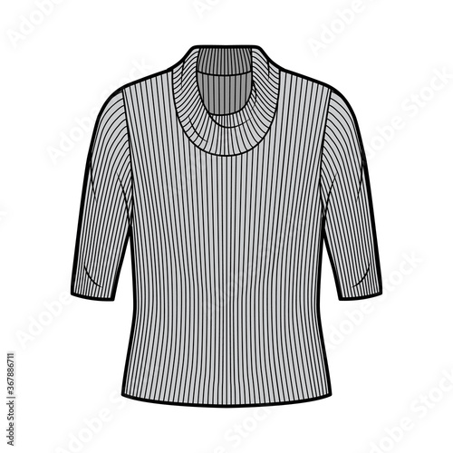Ribbed cowl turtleneck knit sweater technical fashion illustration with elbow sleeves, oversized body. Flat sweater apparel template front, grey color. Women, men unisex shirt top CAD mockup