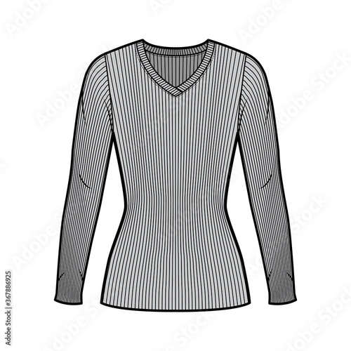 Ribbed V-neck knit sweater technical fashion illustration with long sleeves, close-fitting shape tunic length. Flat outwear apparel template front grey color. Women men unisex shirt top CAD mockup