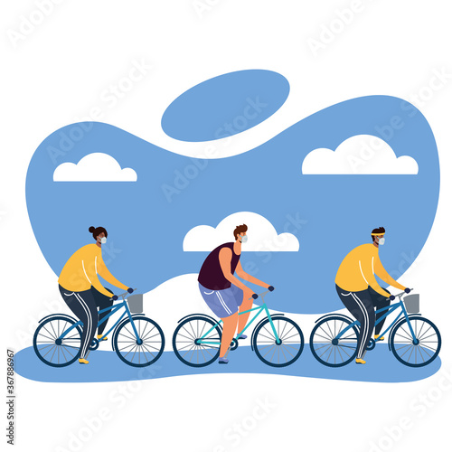young men wearing medical mask in bicycles