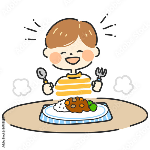 カレーライスを食べる男の子のイラスト