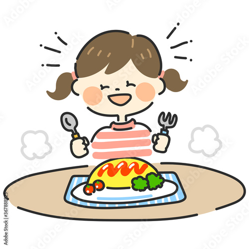 オムライスを食べる女の子のイラスト