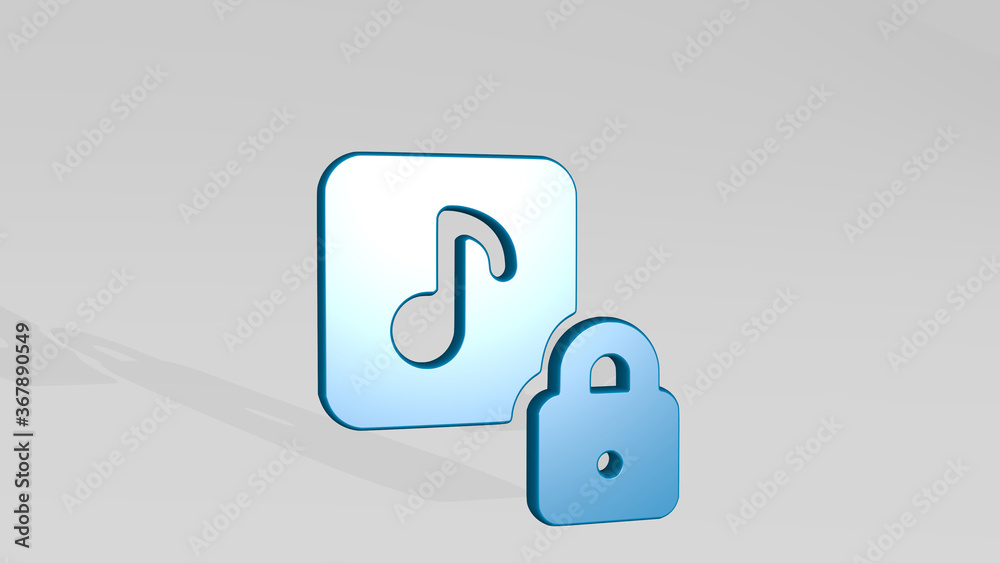 playlist lock stand with shadow. 3D illustration of metallic sculpture over a white background with mild texture. music and icon playlist lock stand with shadow. 3D illustration of metallic sculpture over a white background with mild texture. music and icon