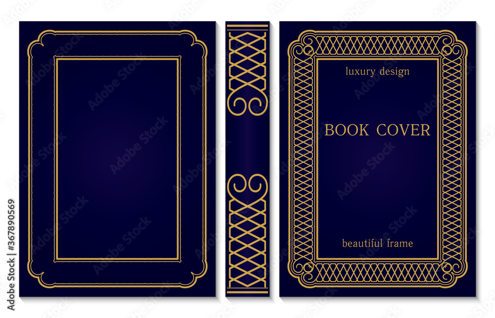 Ornate book cover and spine design. Old retro ornament frames. Royal Golden and dark blue style design. Vintage Border to be printed on the covers of books.
