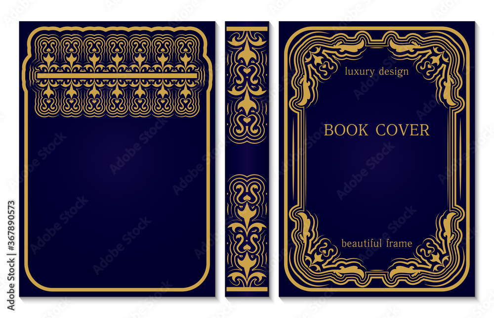 Book cover and spine design. Old retro frames pattern with swirls. Royal Golden and dark blue