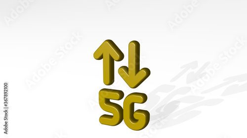 CELLULAR NETWORK 5G stand with shadow. 3D illustration of metallic sculpture over a white background with mild texture. phone and cellphone