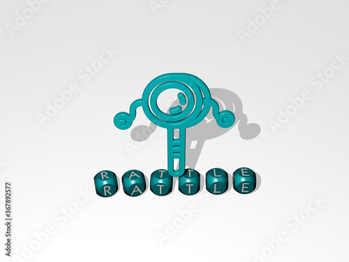 3D representation of rattle with icon on the wall and text arranged by metallic cubic letters on a mirror floor for concept meaning and slideshow presentation. baby and illustration