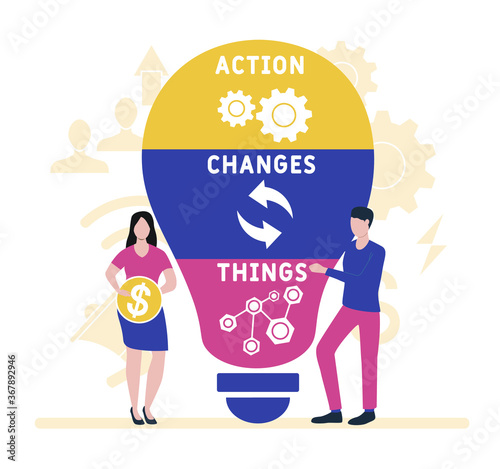 Flat design with people. Action Changes Things (ACT), business concept acronym. Vector illustration for website banner, marketing materials, business presentation, online advertising.