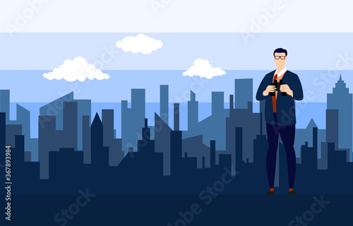 Business man and binoculars with city landscape background.