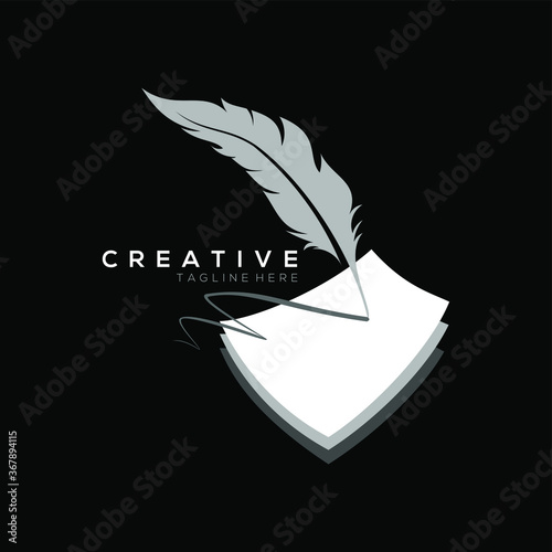 feather pen logo white above 3 stacked square layer vector design template