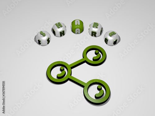 3D representation of SHARE with icon on the wall and text arranged by metallic cubic letters on a mirror floor for concept meaning and slideshow presentation. illustration and business