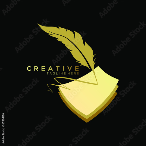 feather pen logo gold above 3 stacked square layer vector design template
