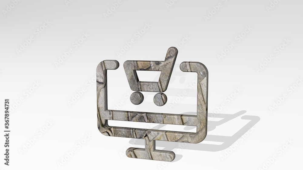 e commerce cart monitor casting shadow with two lights. 3D illustration of metallic sculpture over a white background with mild texture. letter and design e commerce cart monitor casting shadow with two lights. 3D illustration of metallic sculpture over a white background with mild texture. letter and design