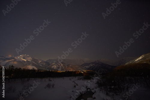 Night shot of the ski mountains in northern alps of Japan, Hakuba