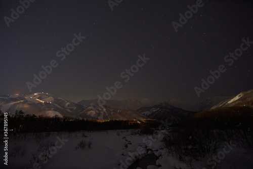 Night shot of the ski mountains in northern alps of Japan, Hakuba