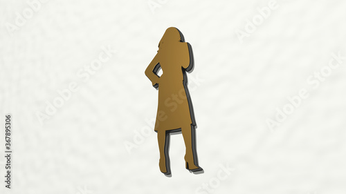 WOMAN STANDING WITH FORMAL DRESS from a perspective on the wall. A thick sculpture made of metallic materials of 3D rendering. beautiful and young