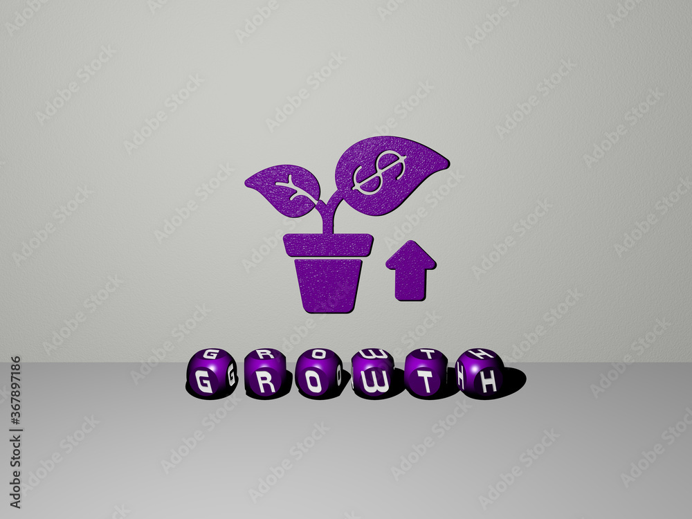 3D illustration of GROWTH graphics and text made by metallic dice ...