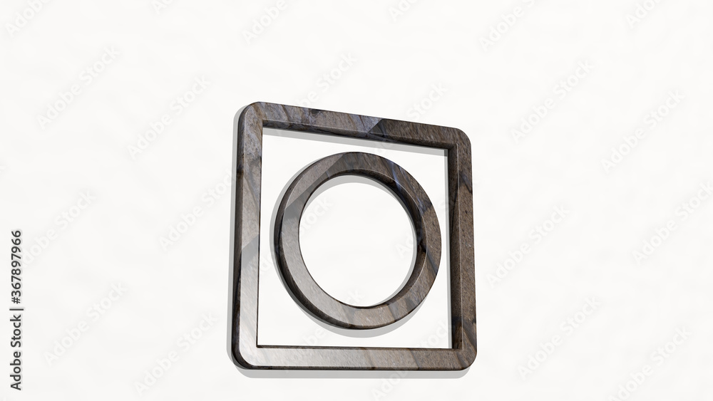 MASK CIRCLE made by 3D illustration of a shiny metallic sculpture on a wall with light background. face and black