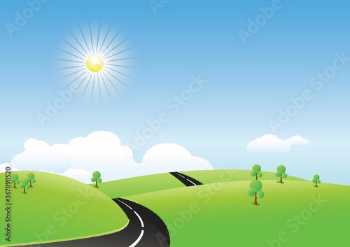 green landscape with sunrise