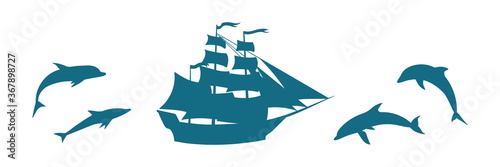 Vector set with old ship and dolphin illustration. Blue silhouette of sea mascot. Marine life cartoon collection