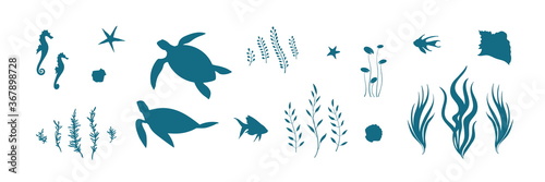 Vector set with underwater animal illustration with turtles, fish, seahorses and algae. Blue silhouette of undersea wildlife elements. Marine life cartoon collection
