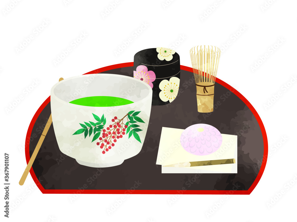 日本の伝統文化 茶道 お抹茶と和菓子と茶道具のセット 水彩風のイラスト Stock Vector Adobe Stock
