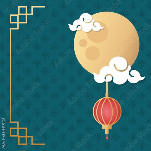 mid autumn festival moon and clouds with lanterns hanging